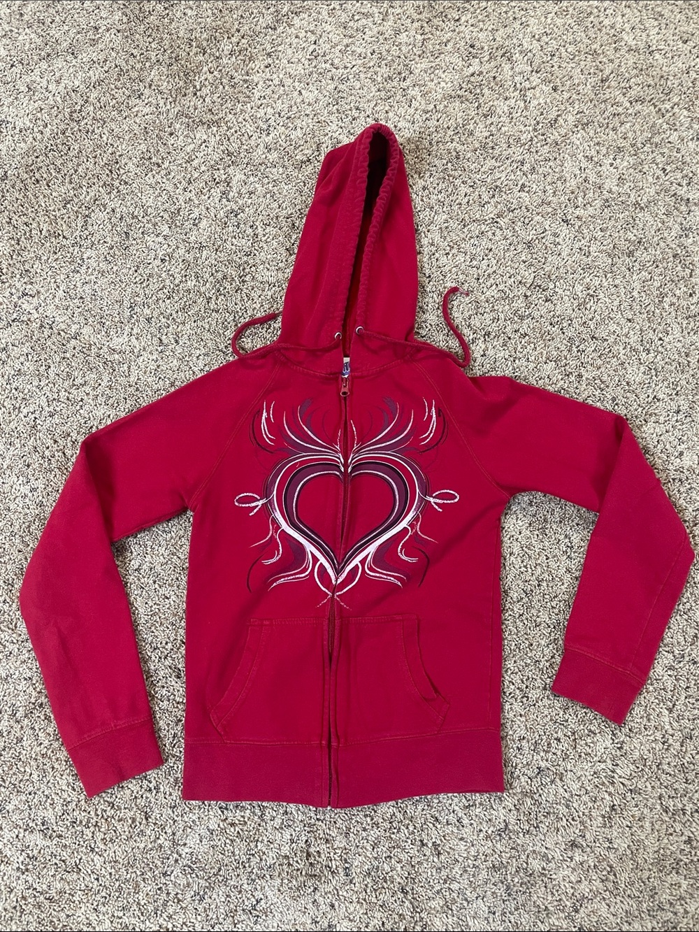 Red Zip-Up Hoodie with Heart Graphic